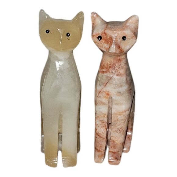 Vintage Pink Coral Marble Stone Cat & Honey Onxy Cat Tabletop Decor Crystal - Picture 1 of 7